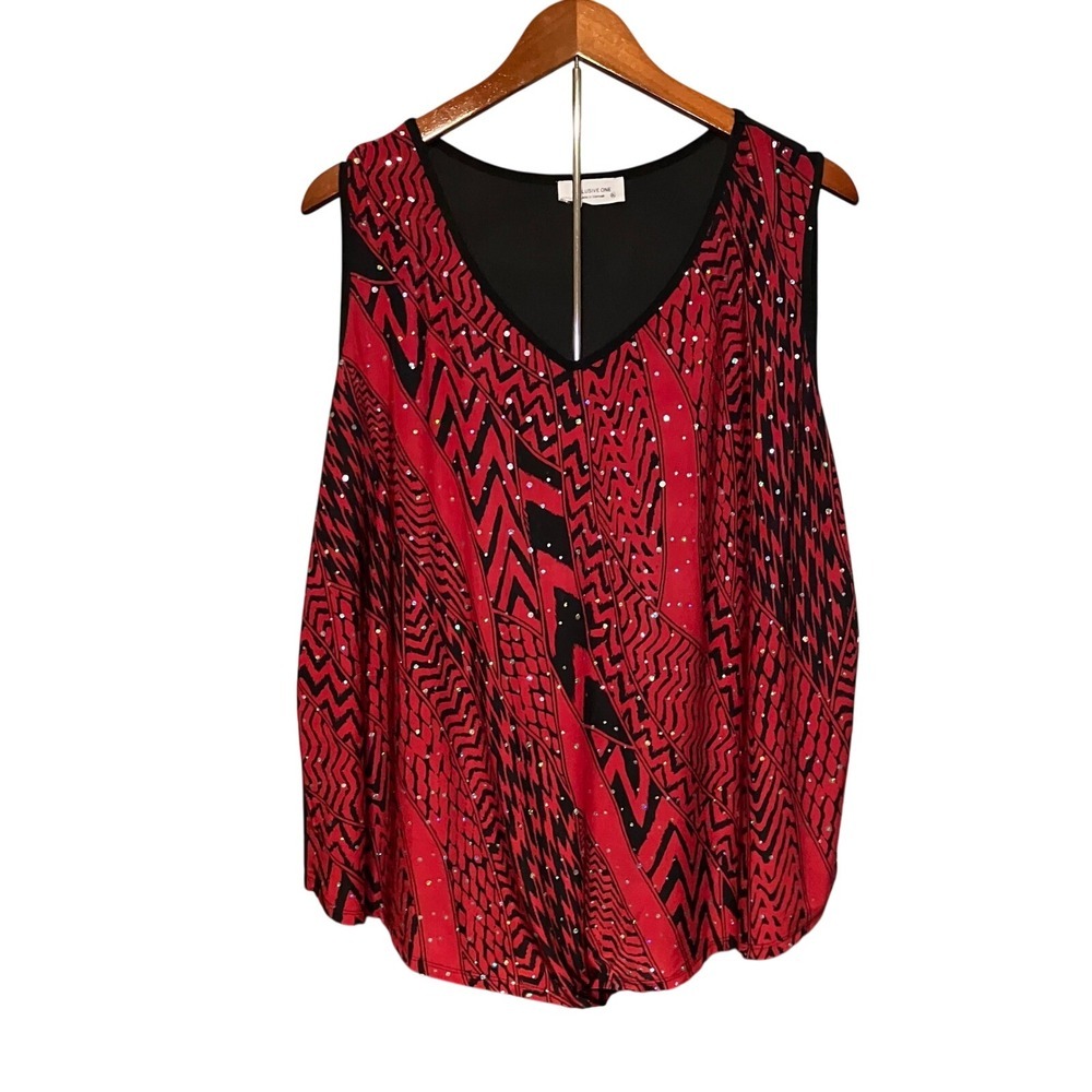 Red Black Tank Top 3XL Sleeveless Blouse Rhinestone Embellished Casual
